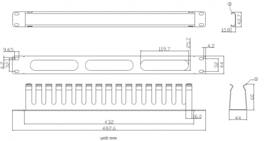 Imagine Front Panel 19" 1U cu organizator pentru cabluri 40x60mm RAL7035 Negru, Value 26.99.0305