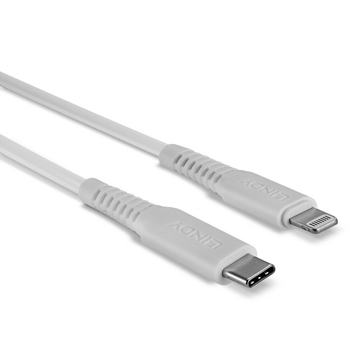 Imagine Cablu de date si incarcare Quick Charge USB type C la Lightning MFI 1m T-T Alb, Lindy L31316