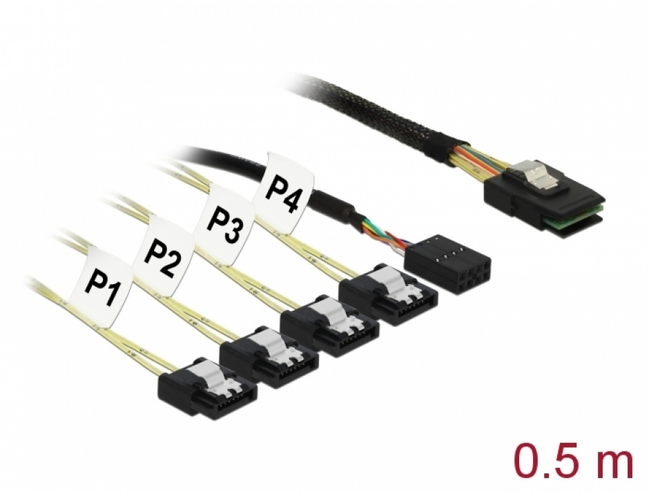 Imagine Cablu Mini SAS SFF-8087 > 4 x SATA 7 pin Reverse + Sideband 0.5m, Delock 83318