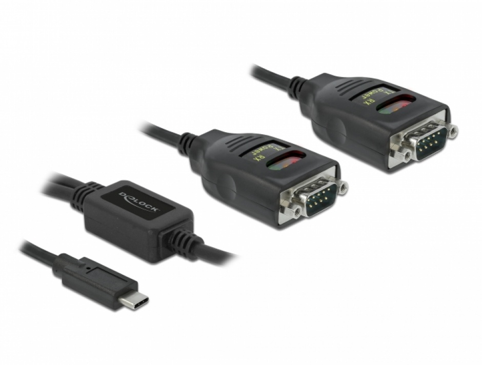 Imagine Adaptor USB Type-C la 2 x Serial RS-232 DB9 FTDI cu protectie 15 kV ESD, Delock 90494