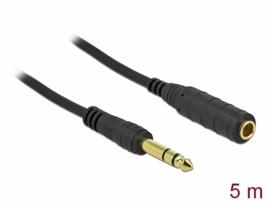 Imagine Cablu prelungitor audio jack stereo 6.3mm 3 pini T-M 5m Negru, Delock 86767