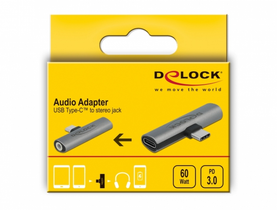 Imagine Adaptor USB type C la jack stereo 3.5mm + USB type C PD 20V/3A/60W, Delock 64113