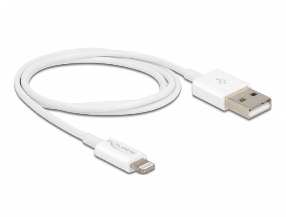 Imagine Cablu de date si incarcare iPhone/iPad/iPod Lightning MFI 1m Alb, Delock 83000