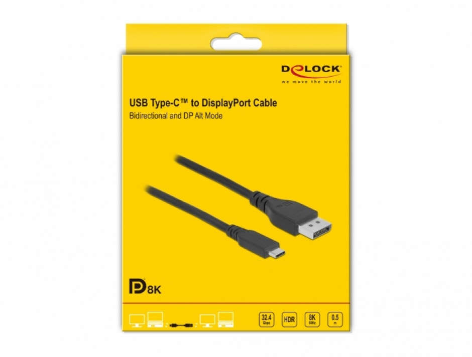 Imagine Cablu bidirectional USB Type-C la DisplayPort (DP Alt Mode) 8K60Hz 0.5m (DP 8K certificat), Delock 8