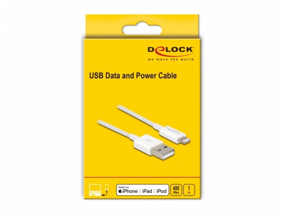 Imagine Cablu de date si incarcare iPhone/iPad/iPod Lightning MFI 1m Alb, Delock 83000