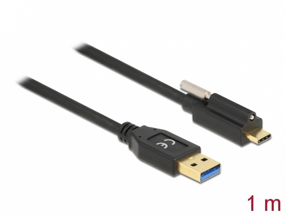 Imagine Cablu SuperSpeed USB 10 Gbps (USB 3.1 Gen 2) tip A la USB-C cu surub sus T-T 1m Negru, Delock 83717