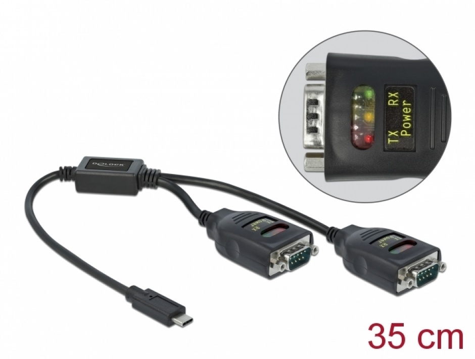 Imagine Adaptor USB Type-C la 2 x Serial RS-232 DB9 FTDI cu protectie 15 kV ESD, Delock 90494