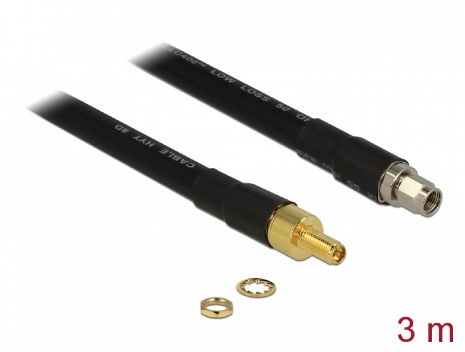 Imagine Cablu antena RP-SMA plug la RP-SMA jack CFD400 LLC400 3m low loss, Delock 13015