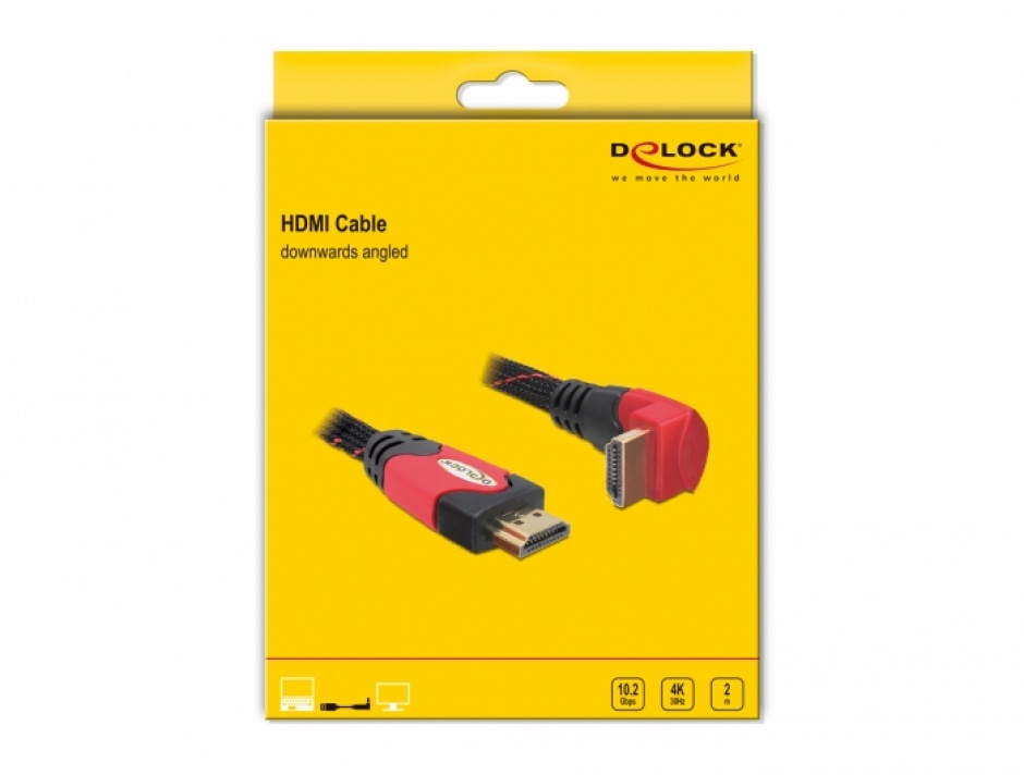 Imagine Cablu HDMI 4K v1.4 unghi 90 grade T-T 2m Rosu, Delock 82686