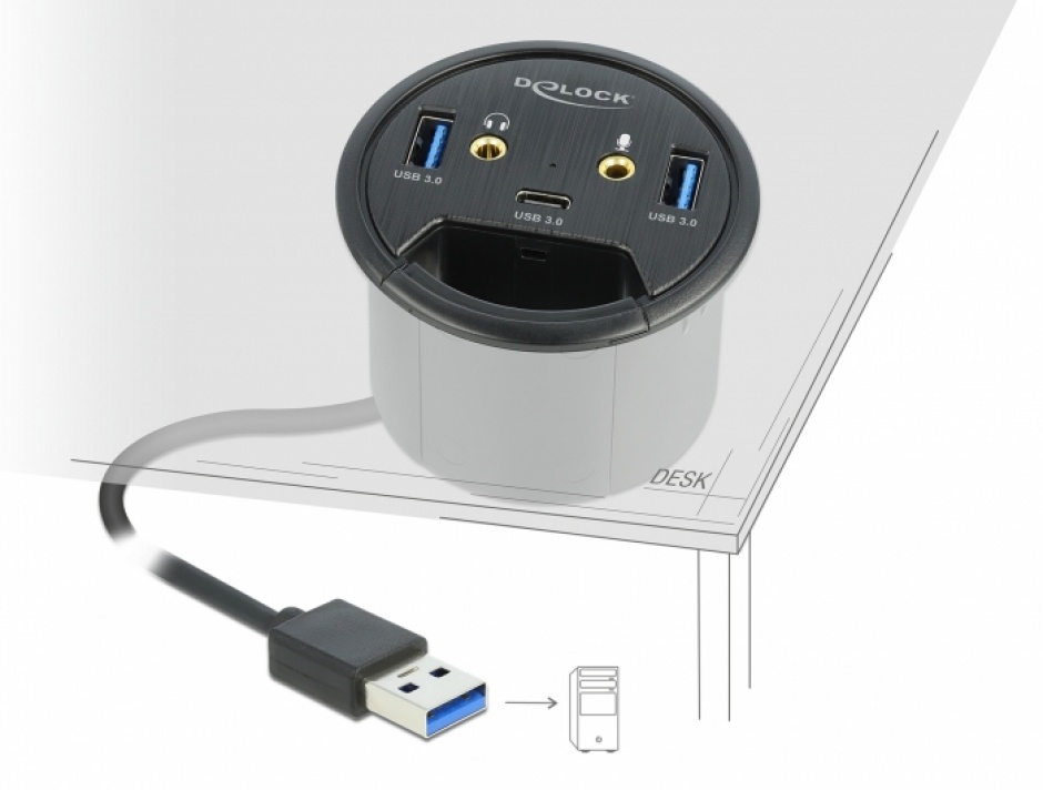 Imagine HUB in desk USB 3.2 Gen 1-A la 1 x USB-C + 2 x USB-A + 2 x jack stereo 3.5mm, Delock 62794