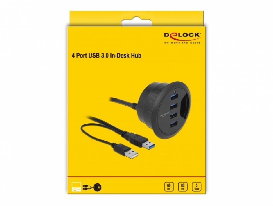 Imagine HUB in desk cu 4 x USB 3.0-A, Delock 62868 