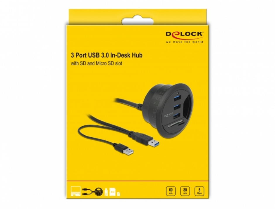 Imagine HUB in desk cu 4 x USB 3.0-A + 2 Slot SD, Delock 62869