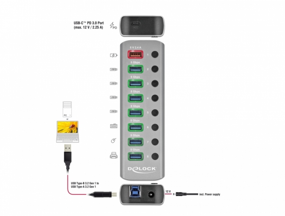 Imagine HUB USB 3.2 Gen 1 cu 7 porturi + 1 Fast Charging + 1 USB-C PD 3.0 cu iluminare + switch ON/Off, Delo