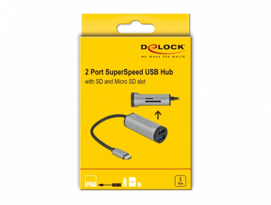 Imagine HUB USB 3.2-C Gen 1 la 2 x USB-A + SD + Micro SD Slot, Delock 64115