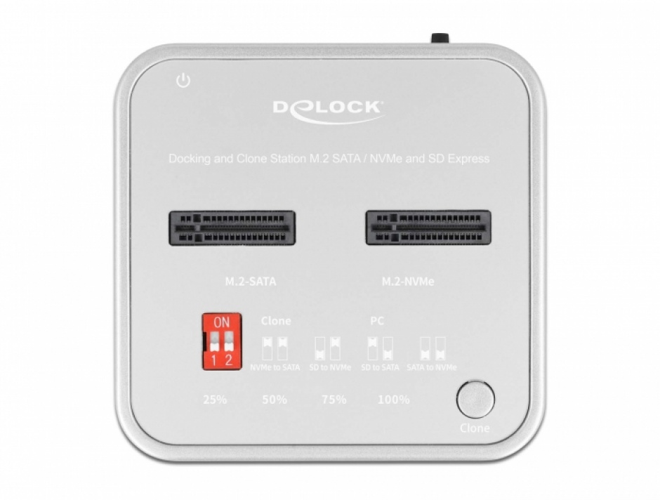 Imagine Docking station pentru SSD 1 x M.2 NVMe + 1 x M.2 SATA functie de clona + cititor de carduri, Delock