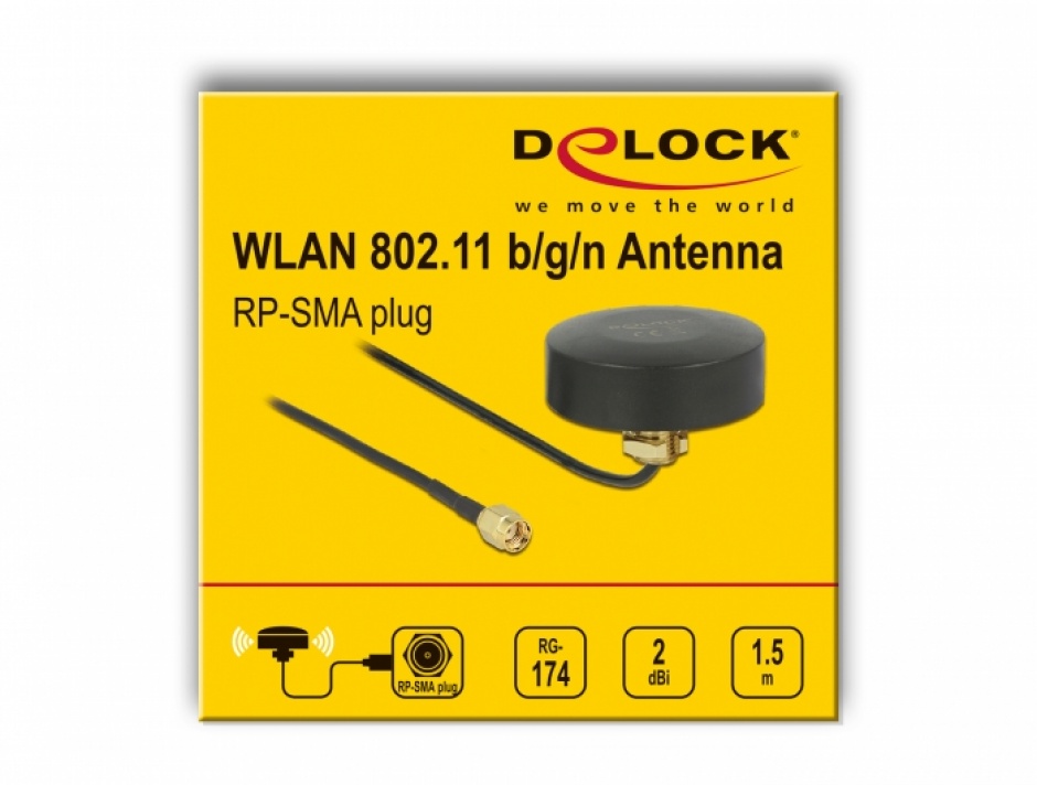 Imagine Antena exterior WLAN 802.11 b/g/n RP-SMA plug 2 dBi fixa omnidirectionala 1.5m, Delock 66285