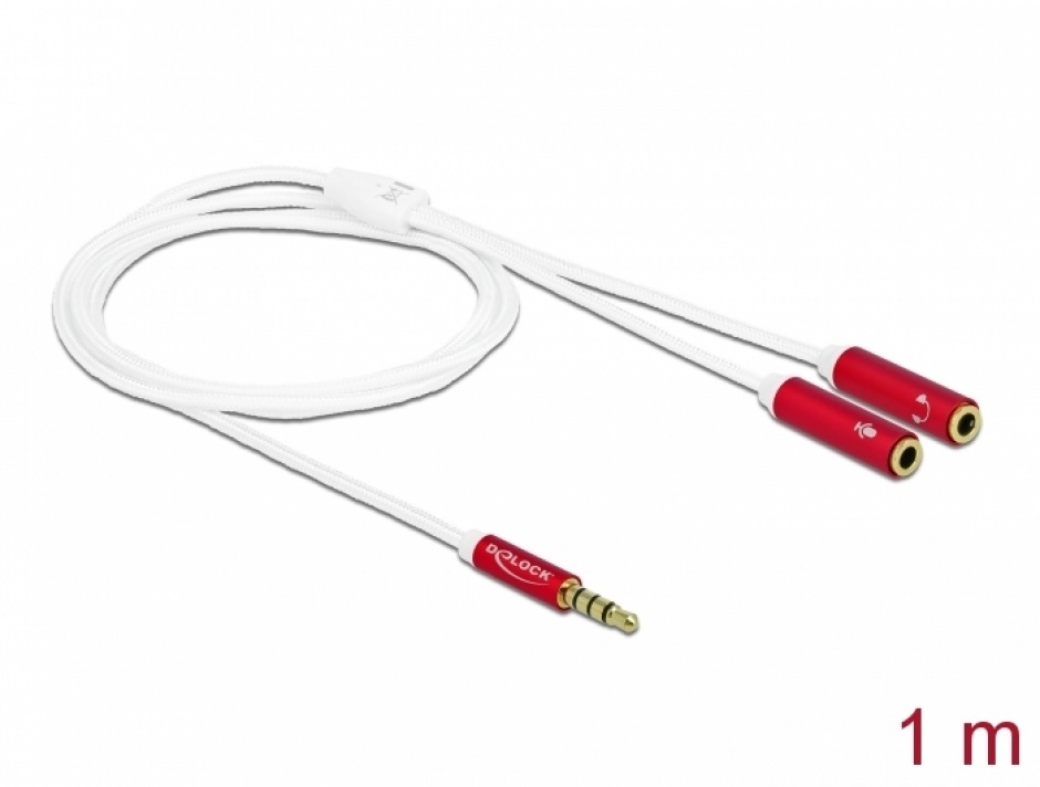 Imagine Adaptor Stereo jack 3.5mm la 2 x jack 3.5mm pentru casca + microfon T-M (CTIA) 1m Alb, Delock 66520