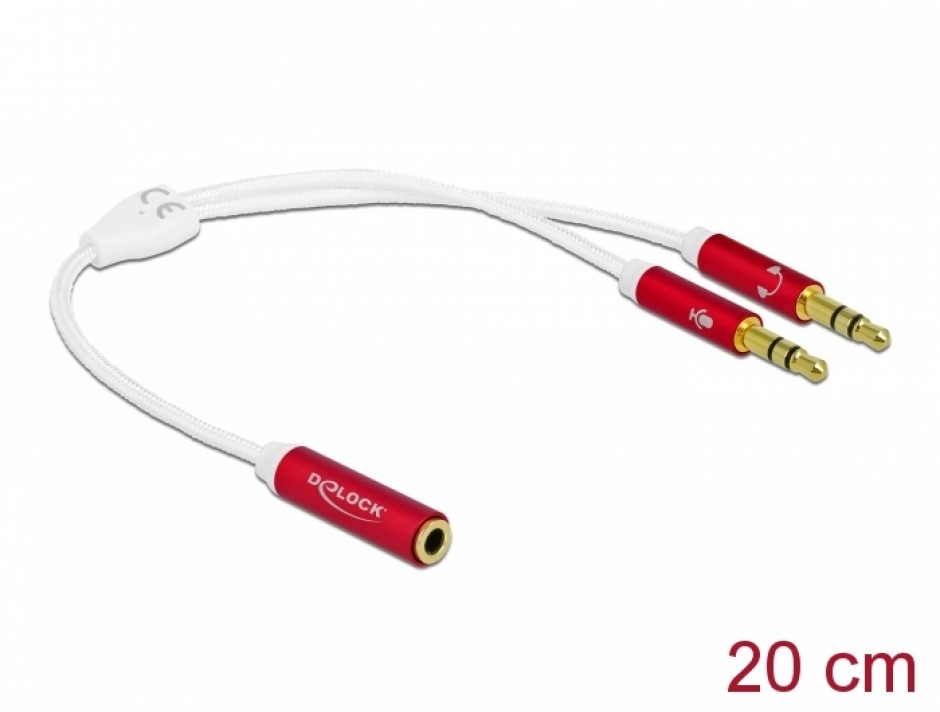 Imagine Adaptor Jack 3.5 mm la 2 x Jack Stereo pentru casca + microfon M-T (CTIA pin assignment) 20cm Alb, Delock 66523