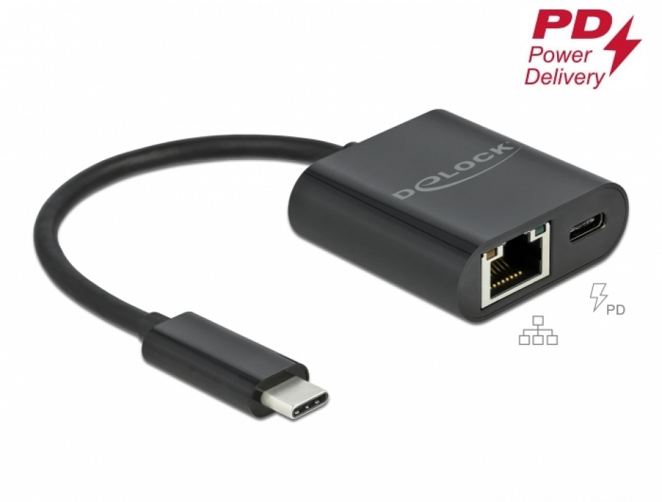 Imagine Adaptor USB 3.2 Gen 1-C la Gigabit LAN cu PD, Delock 66644
