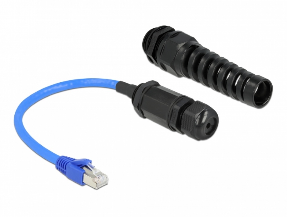 Imagine Cablu prelungitor RJ45 Cat.6 waterproof si protectie indoire 0.25m Bleu, Delock 66809