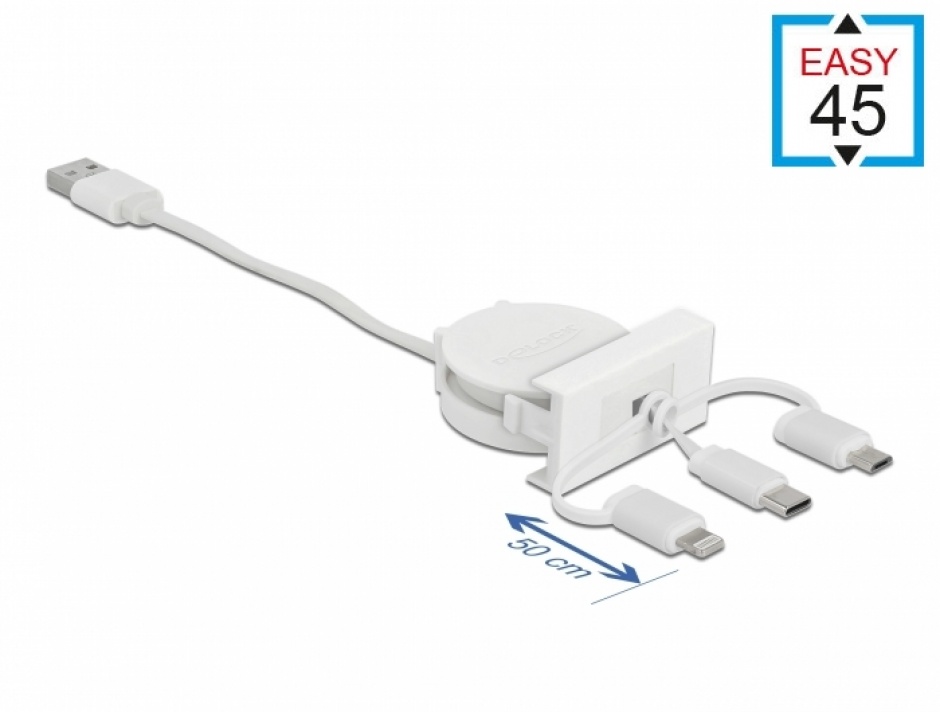 Imagine Modul Easy 45 cu cablu retractabil USB-A 2.0 la USB-C/Micro USB/Lightning Alb, Delock 81375