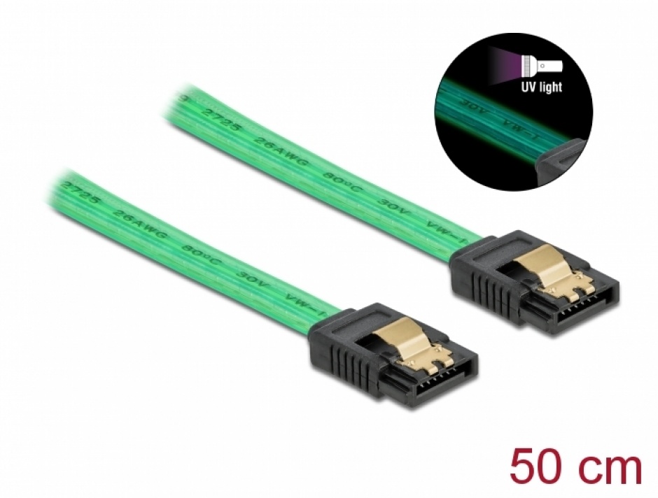 Imagine Cablu SATA III 6 Gb/s UV glow effect 50cm Verde, Delock 82069