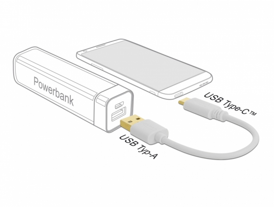 Imagine Cablu de incarcare USB-A la USB type C 3A T-T 15cm Alb, Delock 85355