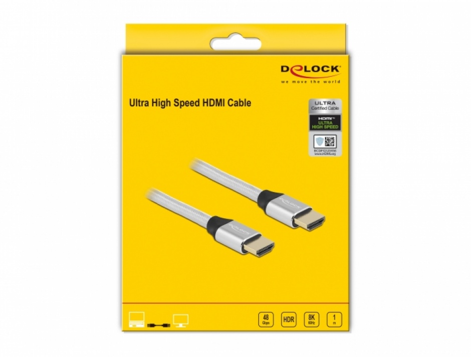 Imagine Cablu Ultra High Speed HDMI 48 Gbps 8K60Hz/4K240Hz 1m Silver Certificat, Delock 85366