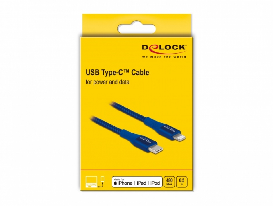 Imagine Cablu de date si incarcare USB Type-C la Lightning MFI Blue 0.5m, Delock 85415