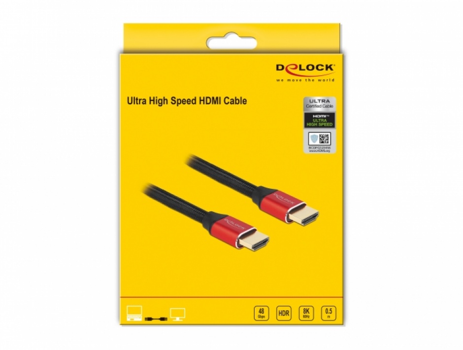 Imagine Cablu Ultra High Speed HDMI 48 Gbps 8K60Hz/4K240Hz 0.5m Rosu Certificat, Delock 85772