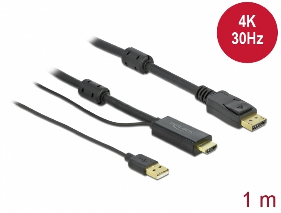 Imagine Cablu HDMI la DisplayPort 4K30Hz cu alimentare USB T-T 1m, Delock 85963
