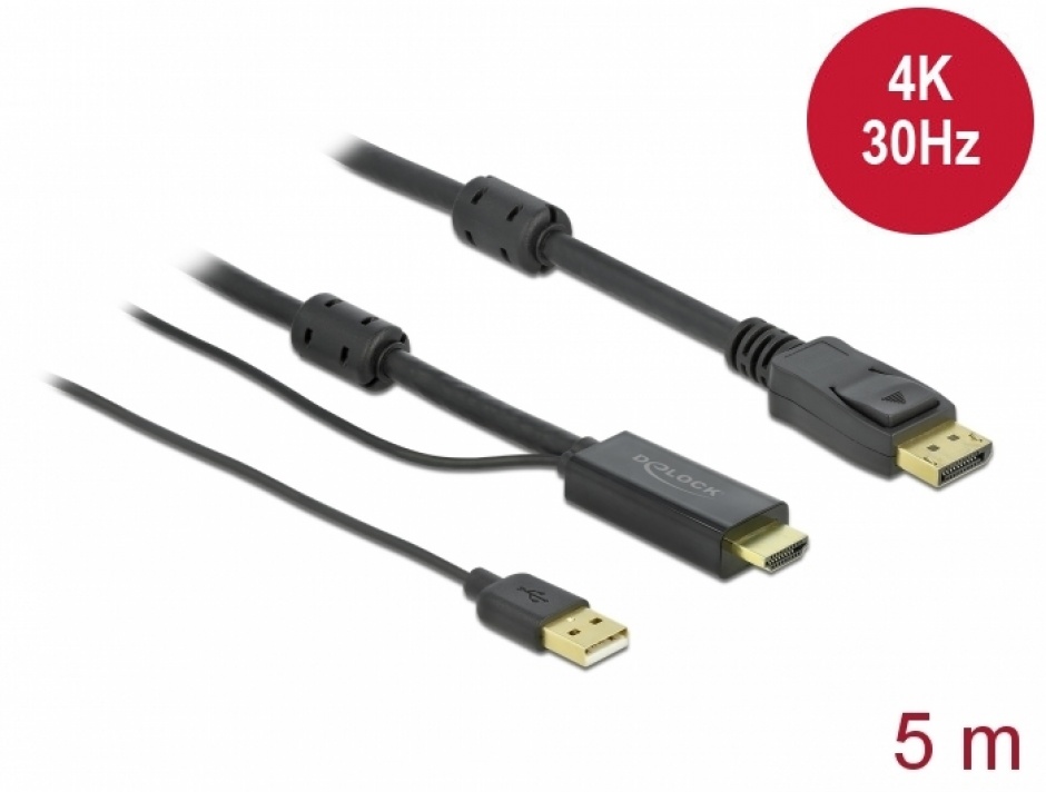 Imagine Cablu HDMI la DisplayPort 4K30Hz cu alimentare USB T-T 5m, Delock 85966