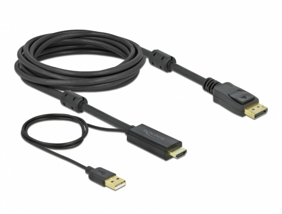 Imagine Cablu HDMI la DisplayPort 4K30Hz cu alimentare USB T-T 5m, Delock 85966