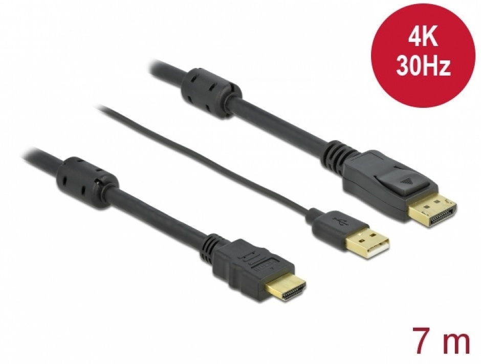 Imagine Cablu HDMI la DisplayPort 4K30Hz cu alimentare USB T-T 7m, Delock 85967