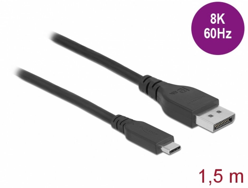 Imagine Cablu bidirectional USB Type-C la DisplayPort (DP Alt Mode) 8K60Hz/4K240Hz 1.5m (DP 8K certificat), Delock 86040