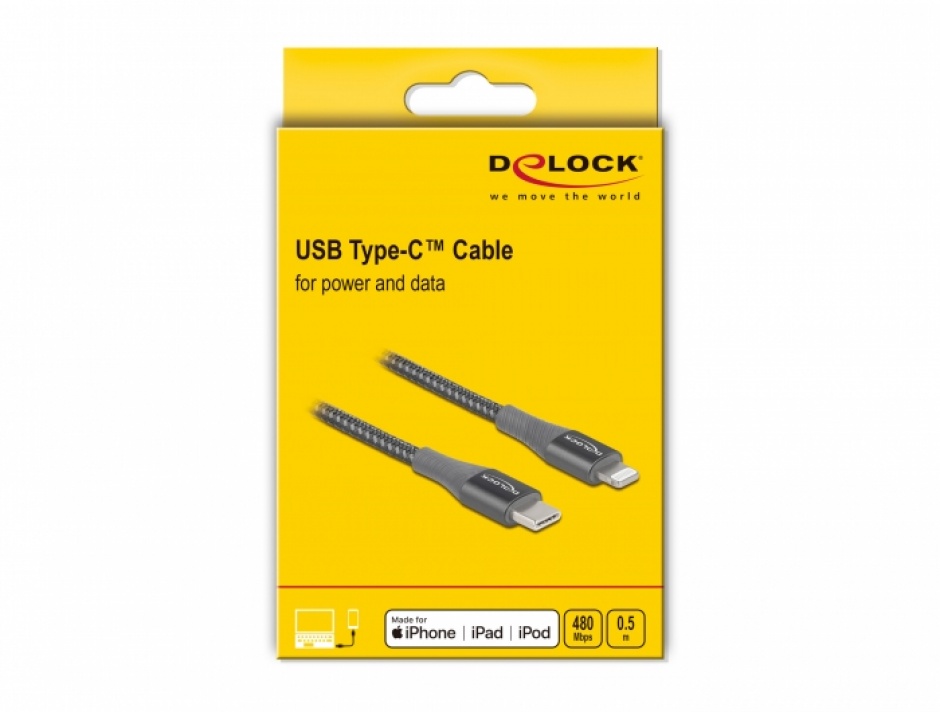 Imagine Cablu de date si incarcare USB Type-C la Lightning MFI Gri 0.5m, Delock 86630