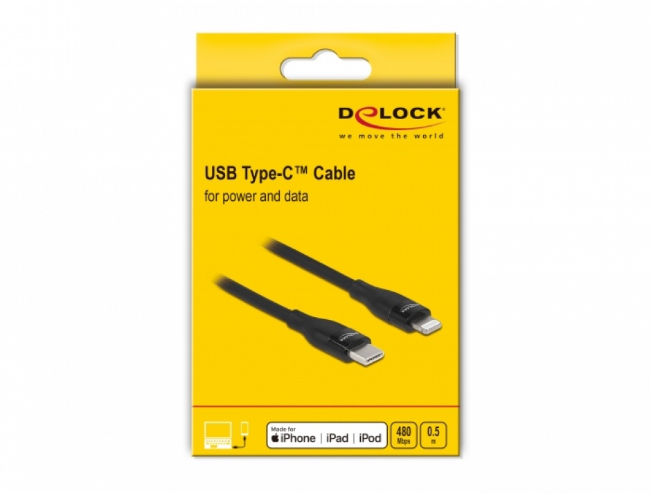 Imagine Cablu de date si incarcare USB Type-C la Lightning MFI 0.5m Negru, Delock 86636