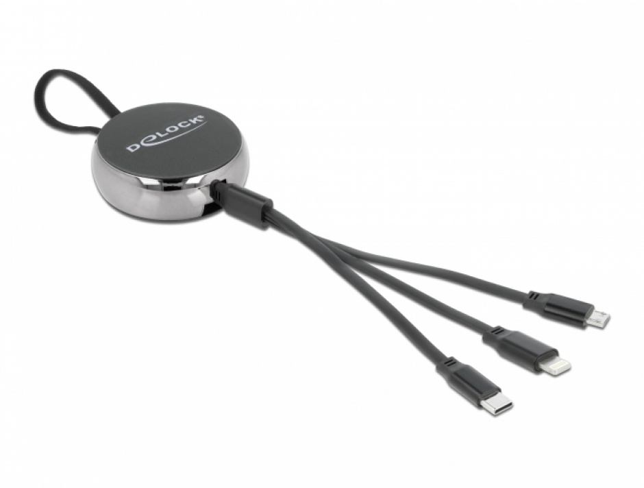 Imagine Cablu USB 3 in 1 retractabil de incarcare Lightning 8 pini / Micro USB / USB Type-C Negru, Delock 86702