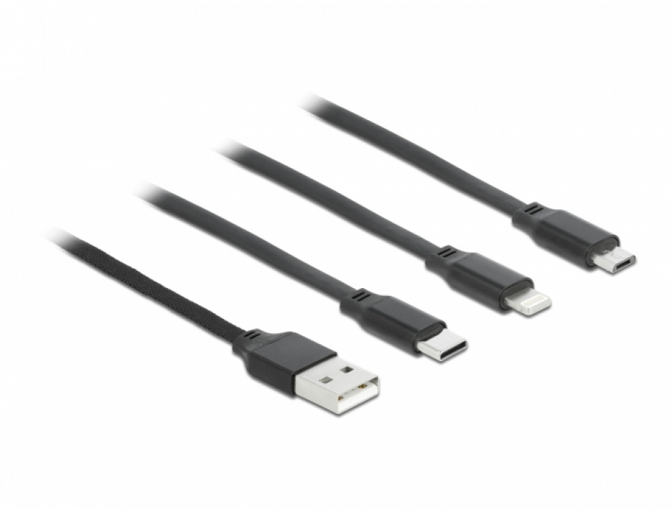 Imagine Cablu USB 3 in 1 retractabil de incarcare Lightning 8 pini / Micro USB / USB Type-C Negru, Delock 86