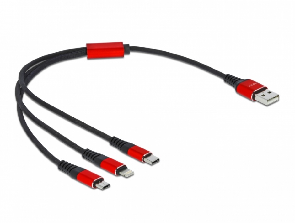 Imagine Cablu de incarcare 3 in 1 USB-A la Lightning / 2 x USB-C T-T 0.3m, Delock 86708