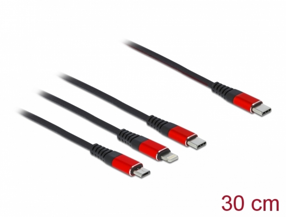 Imagine Cablu de incarcare USB 3 in 1 USB-C la Lightning / Micro USB / USB-C T-T 0.3m, Delock 86710