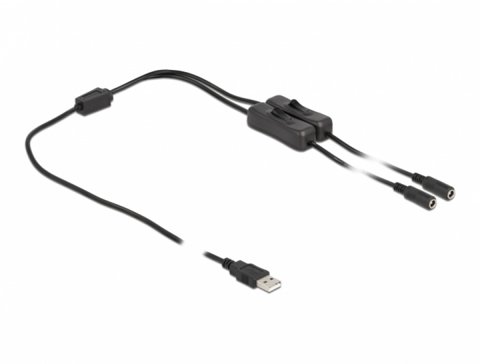 Imagine Cablu de alimentare USB-A la 2 x DC 5.5 x 2.1 mm T-M cu switch On/Off 1m, Delock 86797