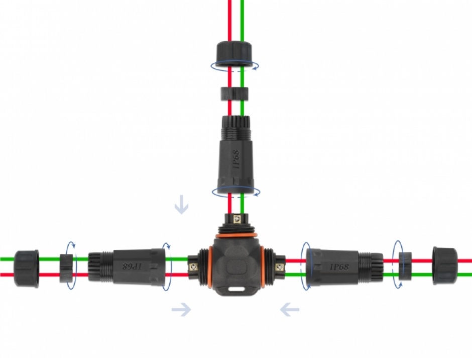 Imagine Cupla in T pentru 2 x cablu electric 4.5 - 7.5mm IP68 exterior, Delock 86916