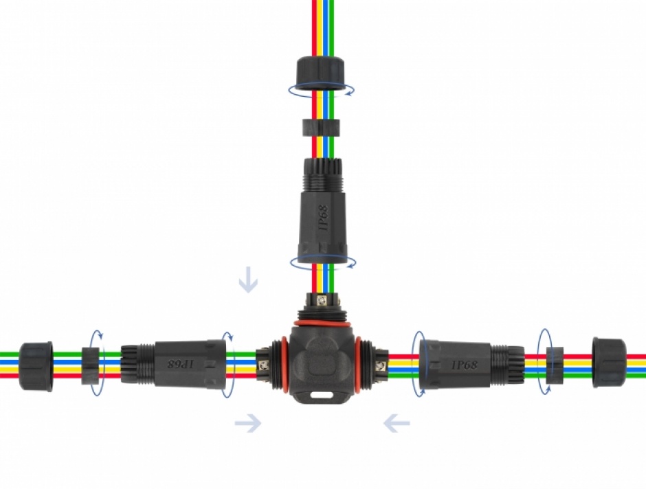 Imagine Cupla in T pentru 4 x cablu electric 4.5 - 7.5mm IP68 exterior, Delock 86918