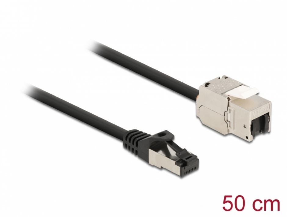 Imagine Cablu prelungitor retea RJ45 S/FTP Cat.6A 0.5m Negru, Delock 87025