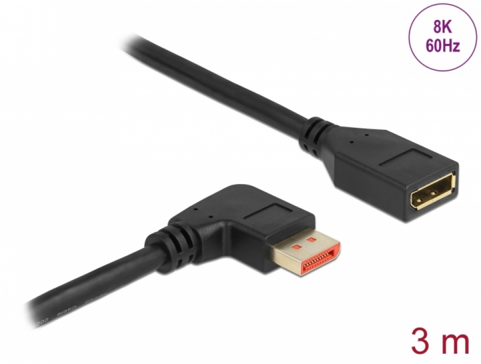 Imagine Cablu prelungitor Displayport 8K60Hz/4K240Hz HDR unghi dreapta/drept T-M 3m, Delock 87079