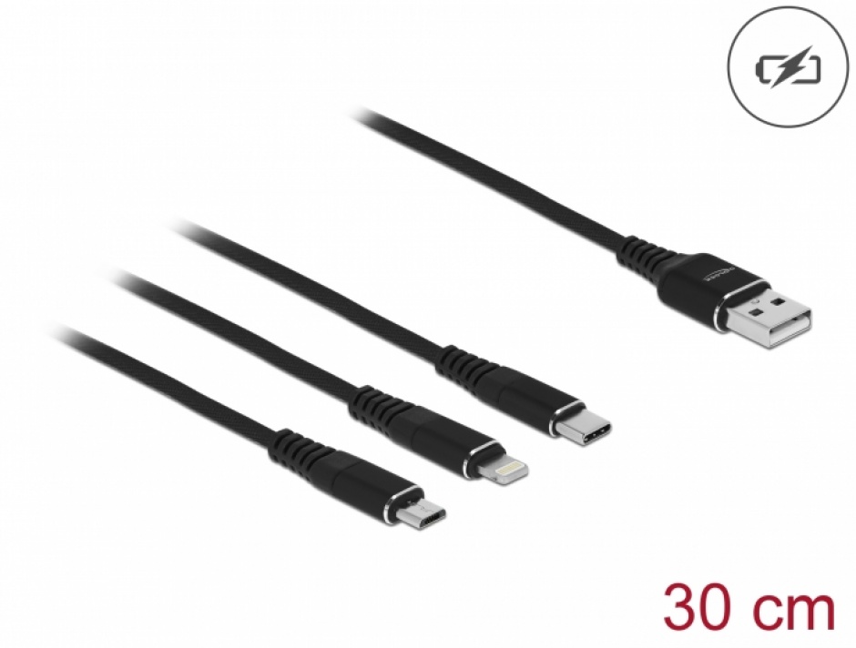 Imagine Cablu de incarcare USB-A la Lightning / Micro USB / USB Type C 0.3m Negru, Delock 87152