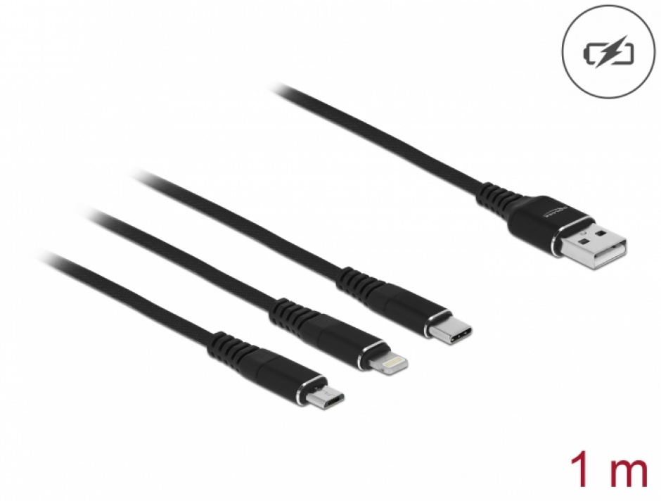 Imagine Cablu de incarcare USB-A la Lightning / Micro USB / USB Type C 1m Negru, Delock 87155