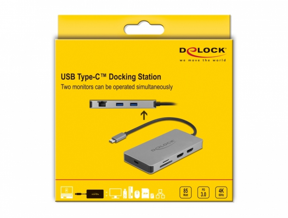 Imagine Docking station USB type C la Dual HDMI 4K60Hz MST / USB 3.2 / SD / LAN / PD 3.0, Delock 87774