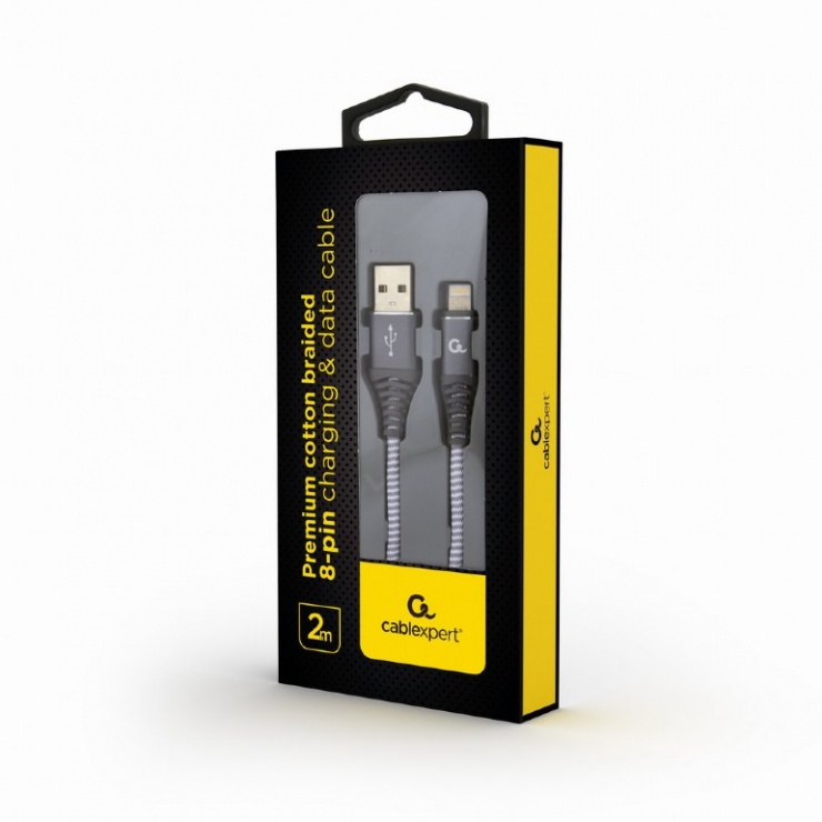 Imagine Cablu date + incarcare USB la iPhone Lightning Premium 2m Silver/Alb, Gembird CC-USB2B-AMLM-2M-WB2